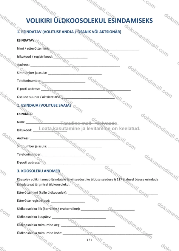 Volikiri Üldkoosolekul Esindamiseks | Lepingumall – Allalaaditav Word & PDF